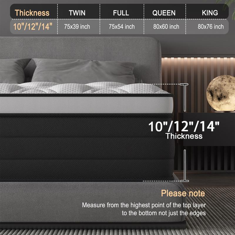 12/14 Inch Memory Foam Mattress Hybrid Pocket Spring Twin Full Queen King Mattress In A Box -Euro Top Mattresses Medium Firm For Motion Isolation, Edge Support, 100 Night Trial