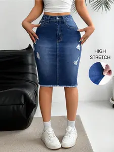 Women's Ripped Pocket Denim Skirt, Fashion Casual Denim Skirt for Daily Outdoor Wear, Ladies Bottoms for Summer, Boho Fashion Skirt, Boho Casual Skirts, High Stretch Skirt, Womenswear