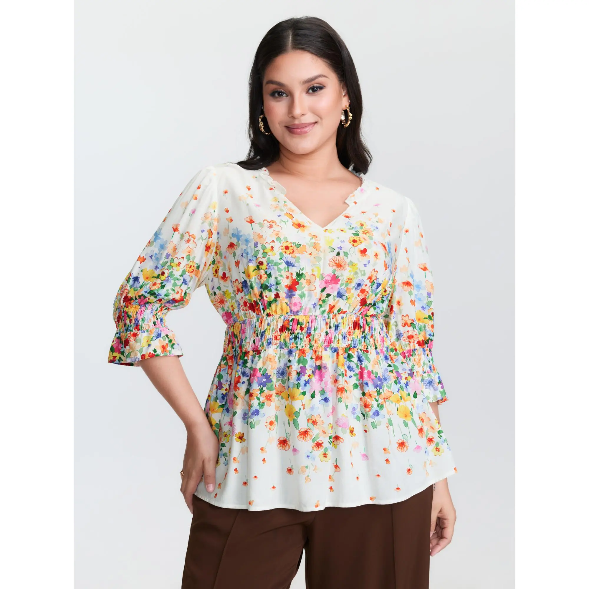 Women's Plus Size Blouse, Romantic Ditsy Floral Print Top with Elbow Bell Sleeves, V-Notch Collar and Frill Trim, Comfy Casual Rayon, Garment, Fabric, Shirts, Fit, Plus Size Clothes, Romance, Plus Size Tops, Blouses For Women