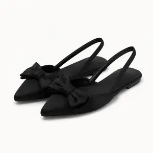 GeeYea women’s Black Bow Slingback Flats, Pointed Toe Low Heel Slip-On Dress Shoes with Faux Suede Upper, PU Lining & PVC Sole, Elegant Office, Date Night & Spring Summer Shoes