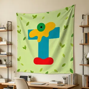 Forest Style Green Leaf Cartoon Letter Monster Tapestry, Soft Fabric With Nice Drape, Vitality Home Background, Perfect Photo Backdrop, Unique Exquisite Gift Idea