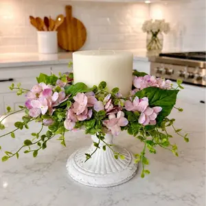 Pink Floral Hydrangea Wreath, 14" Pink Hydrangea Candle Wreath, Handmade Summer Floral Decor