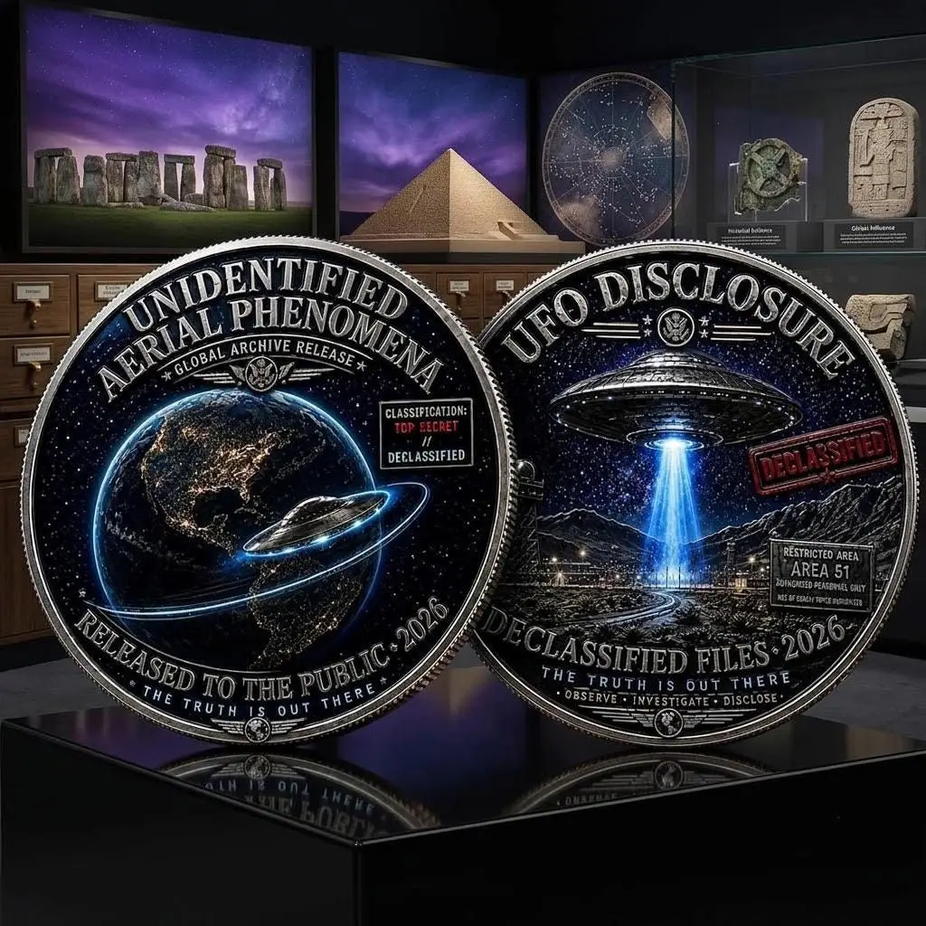 2026 UFO Disclosure Challenge Coin, Declassified Area 51 Commemorative Medallion, Alien Flying Saucer Sci-Fi Geek Gift, UAP Orbit Coin