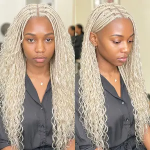 Bohemian Braided Wig, Blonde 613 Full Lace Front Wig Synthetic Braided Lace Wig Boho Box Braids Wig 32'' Square Knotless Braided Wig With Curly Ends For Woman