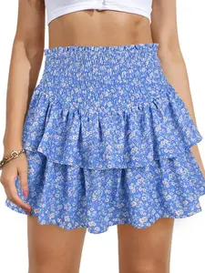 Sese Code Women's High Waist Tiered Ruffle Cake Skirt with Built-in Shorts A-Line Mini Skort for Casual Date Daily Wear in Blue