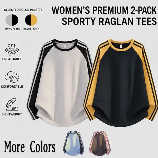 2-Pack Women’s Loose High-Quality Raglan Long-Sleeve T-Shirts, Breathable Colorblock Baseball Style Base Layer Tops, Comfortable and Breathable