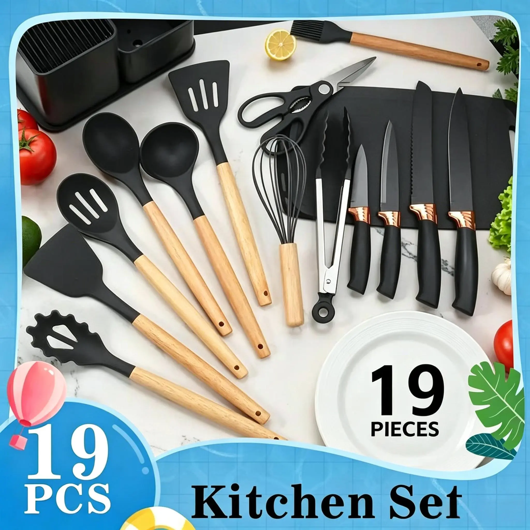 [New Deal] 19-Pcs Silicone Kitchen Utensil Set - Heat Resistant, BPA-Free, Nonstick, Dishwasher Safe, Stainless Steel Core, Easy to Clean, Pink Black Funky Kitchen Cooking Accessories with Nonstick Cooking Spoon