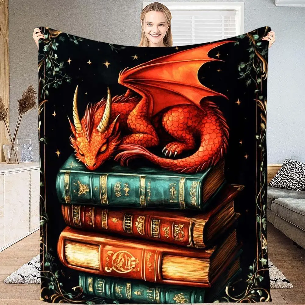 Personalized Dragon Books Blanket for Girls, Book Dragon Blanket Bedding Quilt, Reading Dragons Cozy Fleece for Couch Sofa, Soft Throw Blanket, Animal Themed Gift Room Decor (Design #10)