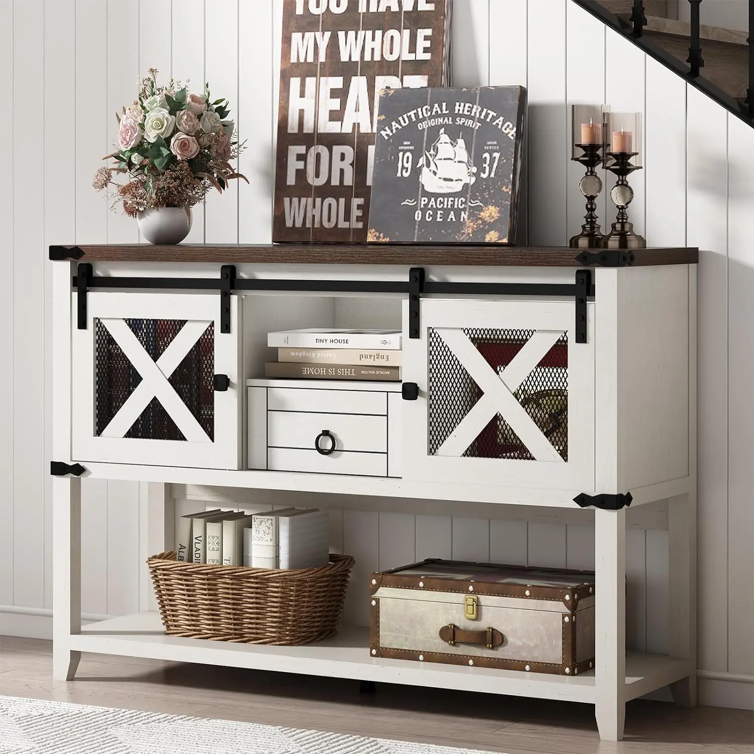 Farmhouse Entryway Table with 2 Sliding Barn Doors & Drawer, 46'' Rustic Console Table with Storage, Open Shelf Space, Industrial Sofa Table for Living Room, Entryway, Hallway, Brown,Vintage White