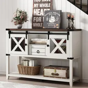 Farmhouse Entryway Table with 2 Sliding Barn Doors & Drawer, 46'' Rustic Console Table with Storage, Open Shelf Space, Industrial Sofa Table for Living Room, Entryway, Hallway, Brown,Vintage White