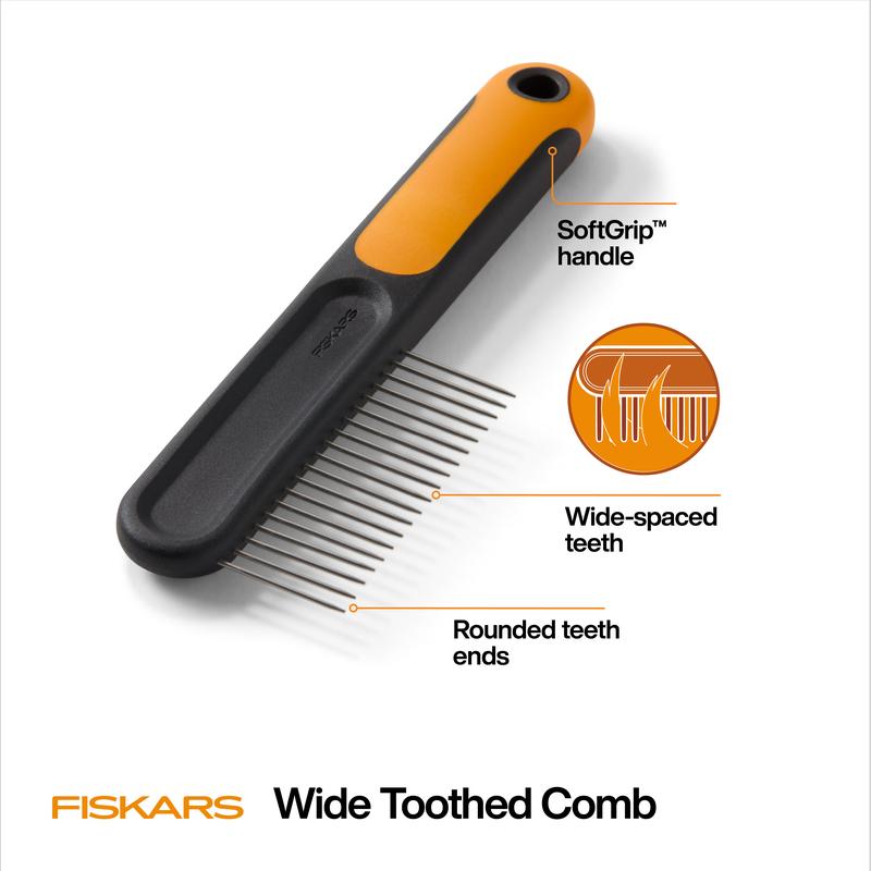 Fiskars Wide Toothed Comb for Pets - Gentle Tangle Removal with Rounded Teeth Ends & Durable Stainless Steel Materials - 7in Length - Suitable for Medium to Long Coats