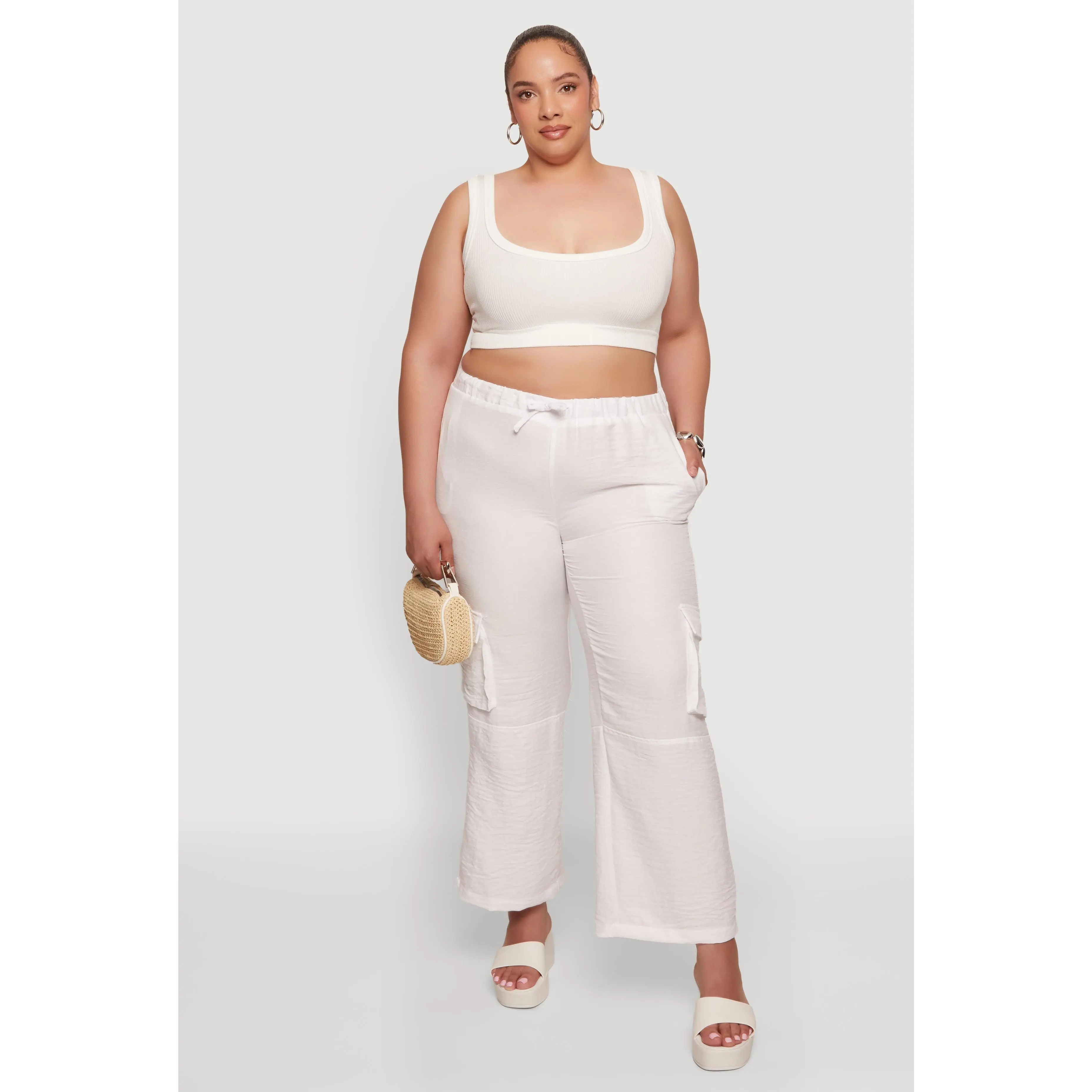 Plus Size Crepe Knit Drawstring Waist Cargo Pants