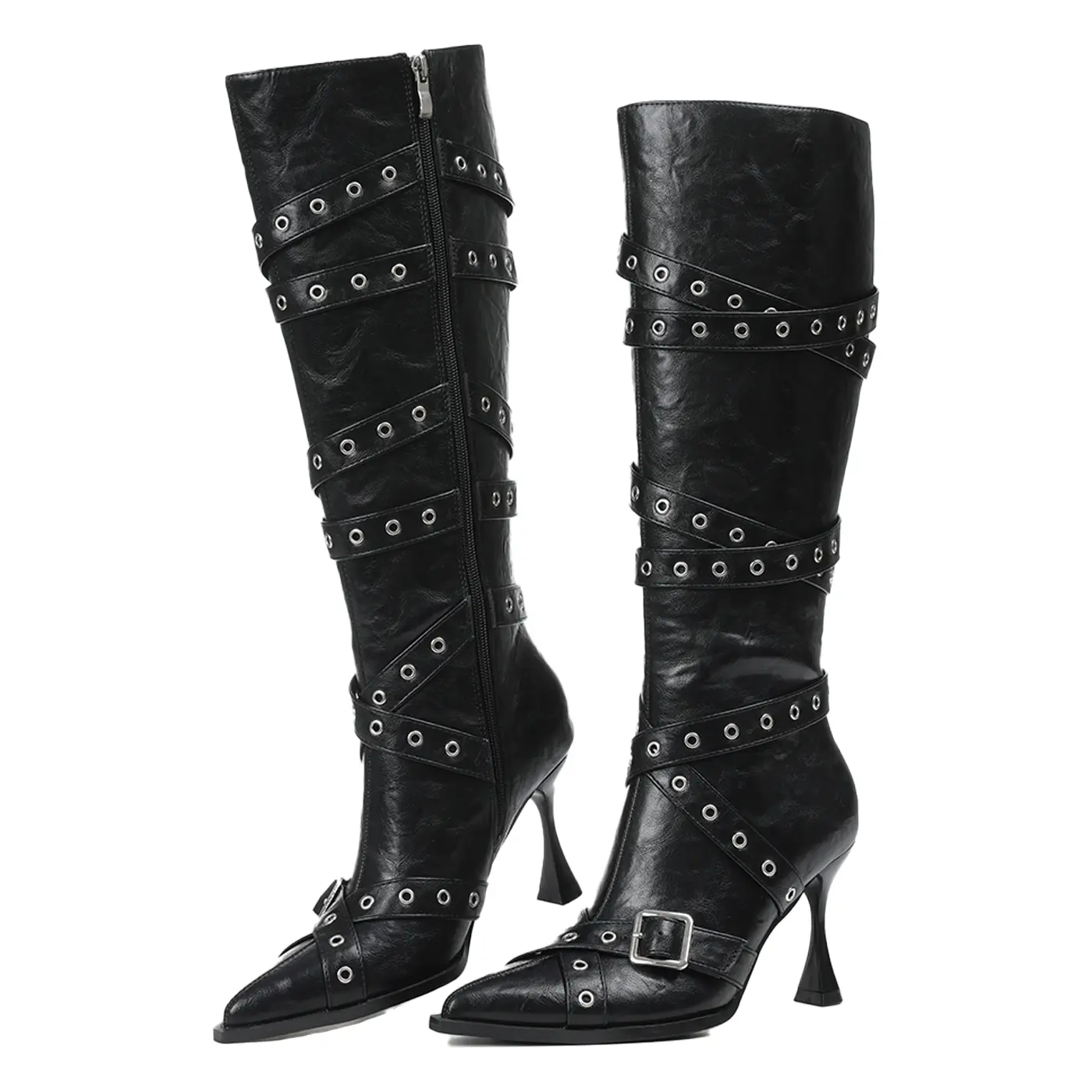 Over-the-Knee Boots for Women, Edgy Punk Patent Leather Stilettos with a Pointed Toe and Rivet Straps, Party Footwear, Stud, Basic, Slender Heel, Knee-High, Buckle, Spring, Zip, Plain, Above The Ankle But Below The Knee