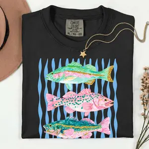 Pastel Glitter Fish Cofort Color Shirt, Coastal Preppy Lake Life Shirt, Summer Vacation - ytk10026