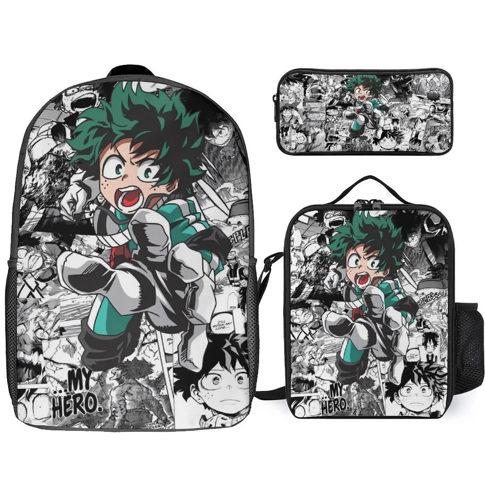 My Hero Academia Izuku Midoriya 3-Piece Synthetic Nylon Backpack Set - Izuku Set with Laptop-Fit High-Capacity Bookbag, Lunch Bag, Pencil Case, School Supplies for Students, Fishing, Cycling Use