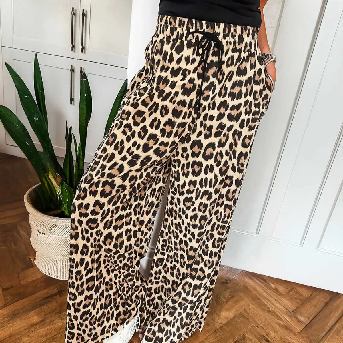 Parchment Leopard Drawstring Elastic Waistband Flowy Wide Leg Pants