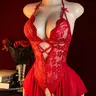 Women's Deep V-Neck Floral Print Stretchy Mesh Fabric Halter Lace Bodysuit - Cutout Lingerie Teddy with Chiffon Ruffle Skirt, 1-Piece Transparent Nightwear