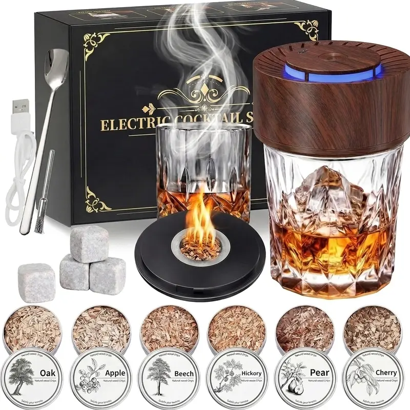 BelleHour Electric Whiskey Smoker Kit - Rechargeable Kitchenware Bar Utensils Set with Built-in Igniter, No Butane Required, 6 Wood Chips, Ideal for Smoked Cocktails, Cool Gifts for Adults, Mens Birthday Gifts for Him