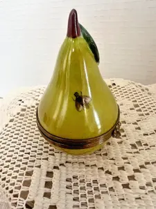 Limoges France Green Pear with Bee Trinket Box Hand Painted Porcelain