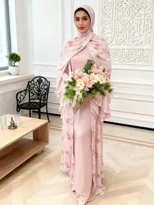 Elegant Floral Chiffon Bell Sleeve Abaya Long Robe Set, Open Front Cardigan with Matching Headscarf, Casual Vacation Party Wear, Modest Muslim Outfits, Abaya Dress Set