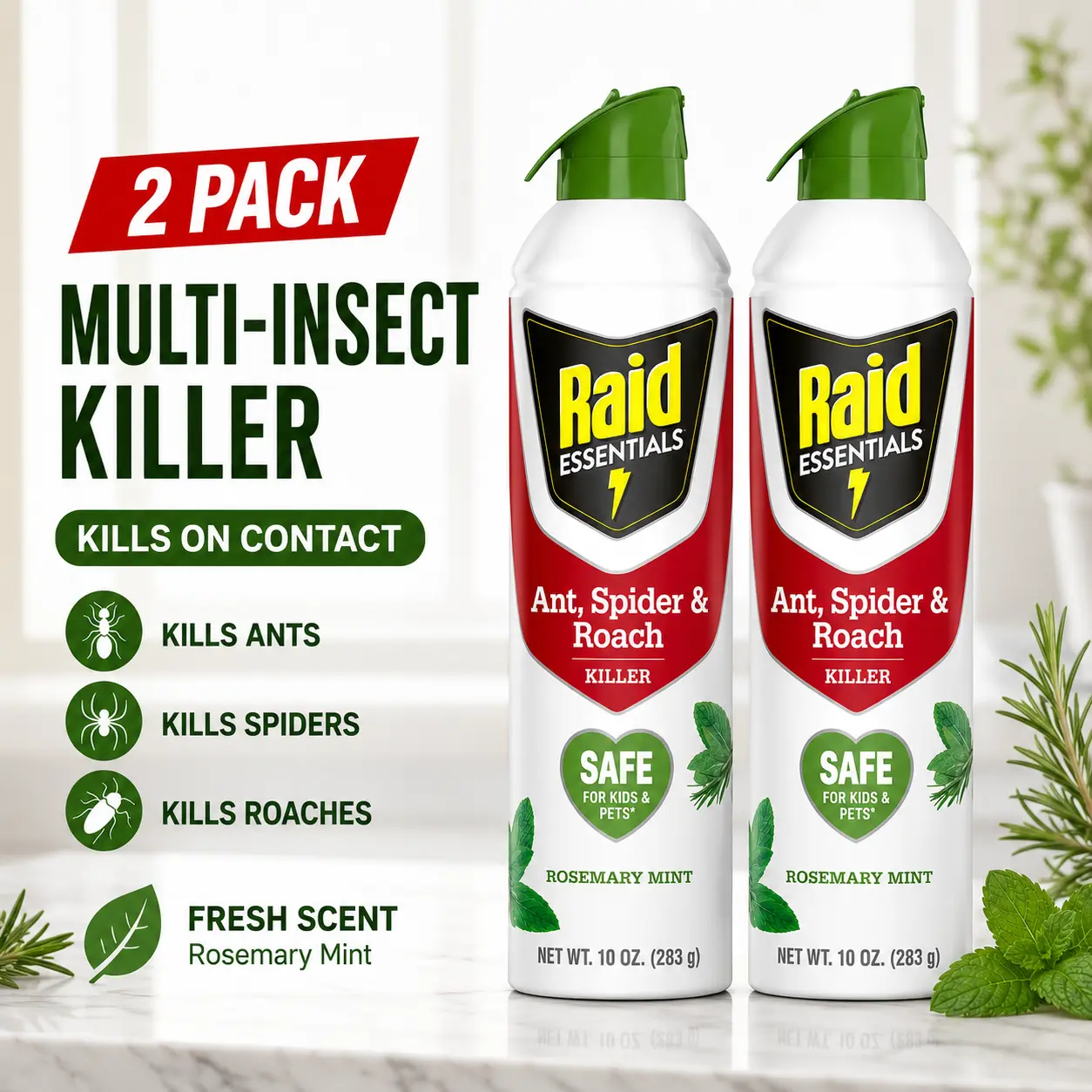 Raid Essentials Ant, Spider & Roach Killer Spray 2-Pack, Child & Pet Safe Indoor Multi-Insect Control Aerosol, Quick-Acting, Rosemary Mint Scent, 10 oz Each