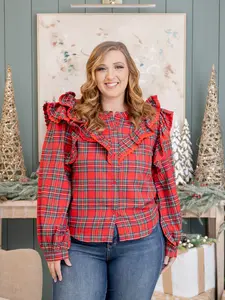 Christmas Plaid Ruffled Blouse Top | S-XL