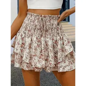 Women’s printed pleated shirt-layered shorts set, casual loose high-waisted wide-leg shorts with lace-up front, suitable for spring and autumn, women’s everyday underwear GARMENTARY