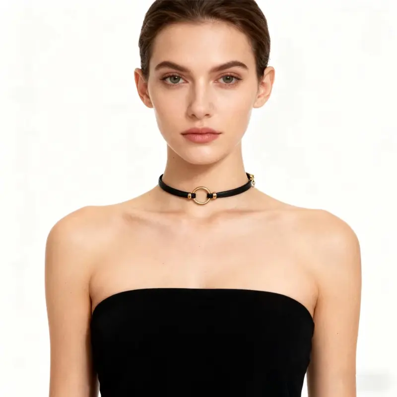 Black Leather Circle Choker Necklace, Edgy Minimalist Collar Jewelry