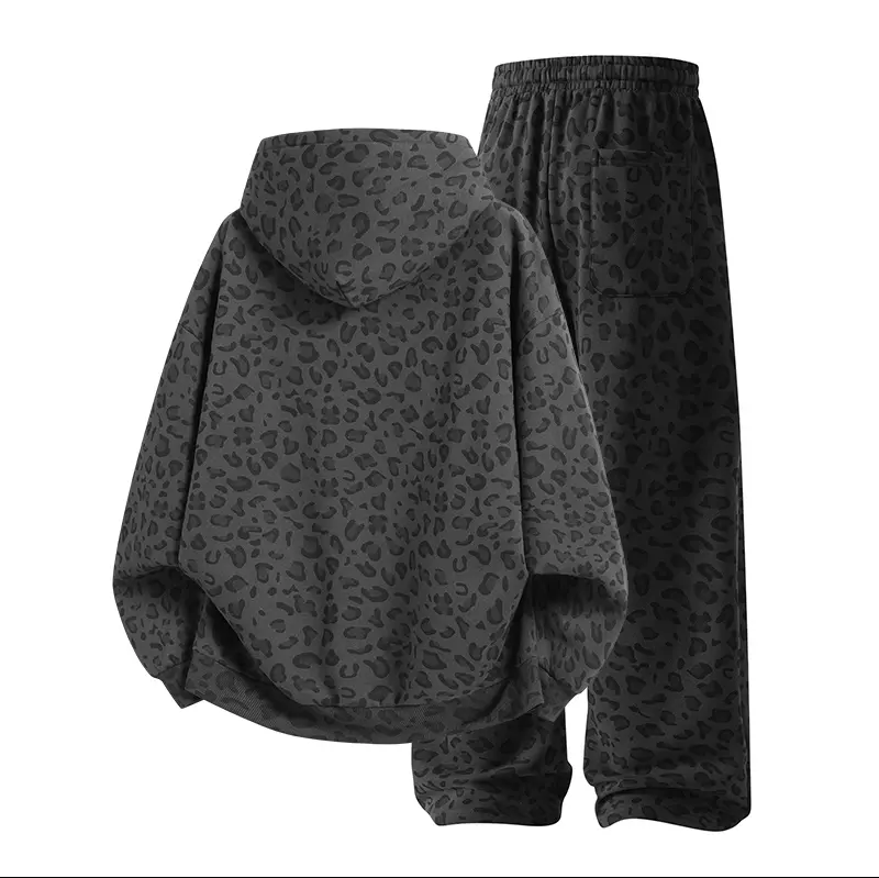 Unisex Cotton 2-Piece All-Over Leopard Print Streetwear Set - Loose-Fit Hoodie & Wide-Leg Pants, Casual Unboxing Gift, Multiple Colors