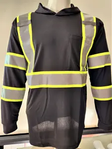 High Visibility Black Long Sleeve Safety Shirt with hoodie Polyester Birdeye Mesh