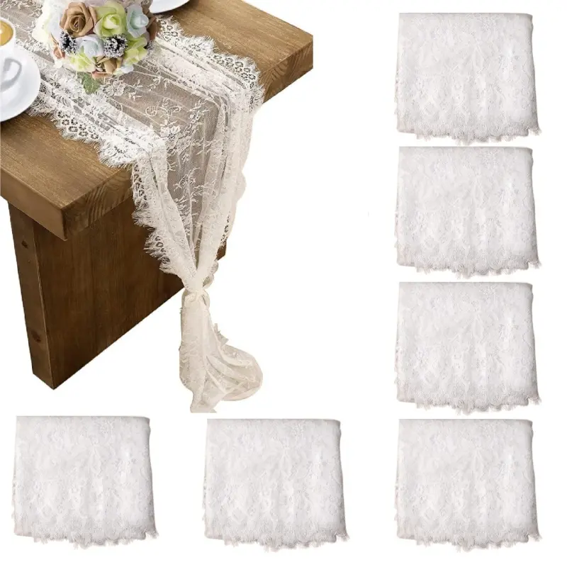 6pcs 14 x 120 Inch White Floral Lace Table Runner Tassel‑Edged Vintage Lace Overlay, Decorative Table Runner for Wedding, Birthday Party, Bridal Shower, Farmhouse Table Decoration