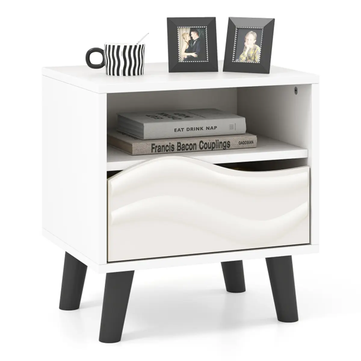 Modern Compact White Plastic Bedside Storage Side Table with Drawers, Open Shelves, 3D Wavy Pattern, 15 lbs Capacity, 16.5"x13"x18" Glide Design - High-Quality Indoor Furniture for Bedrooms, Living Rooms (70 lbs Max Load)