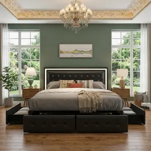 GEGOFORU Full Size LED Storage Bed Frame with 4 Drawers Smart RGBW LED Upholstered Platform Bed with Remote Control Silent & Noise, No Box Spring,Modern Storage Bed– Cama Queen con LED y Cajones