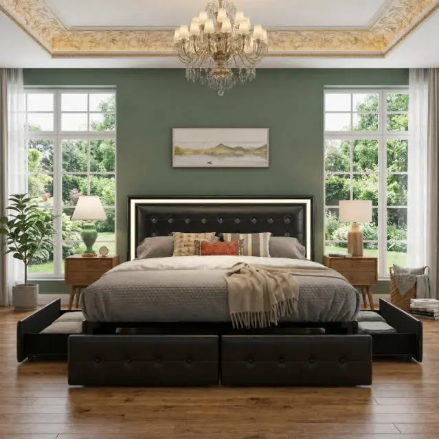 GEGOFORU Full Size LED Storage Bed Frame with 4 Drawers Smart RGBW LED Upholstered Platform Bed with Remote Control Silent & Noise, No Box Spring,Modern Storage Bed– Cama Queen con LED y Cajones