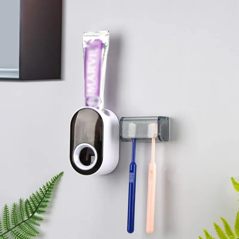 2-Slot Self-Adhesive Toothbrush Holder Wall Mounted with Cover - Transparent grey Plastic Bathroom Organizer for Family, No Drill Installation, Space-Saving Hygienic Storage, Sleek Design, Secure Slot Design, Easyclean Material