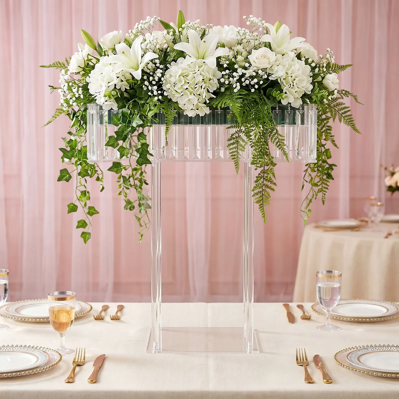 Clear Acrylic Flower Stand with 11 lbs Load Capacity & Sturdy Rectangular Base, Versatile Floor/Tabletop Display Rack for Bouquets, Centerpieces, DIY Wedding Party Event Decor