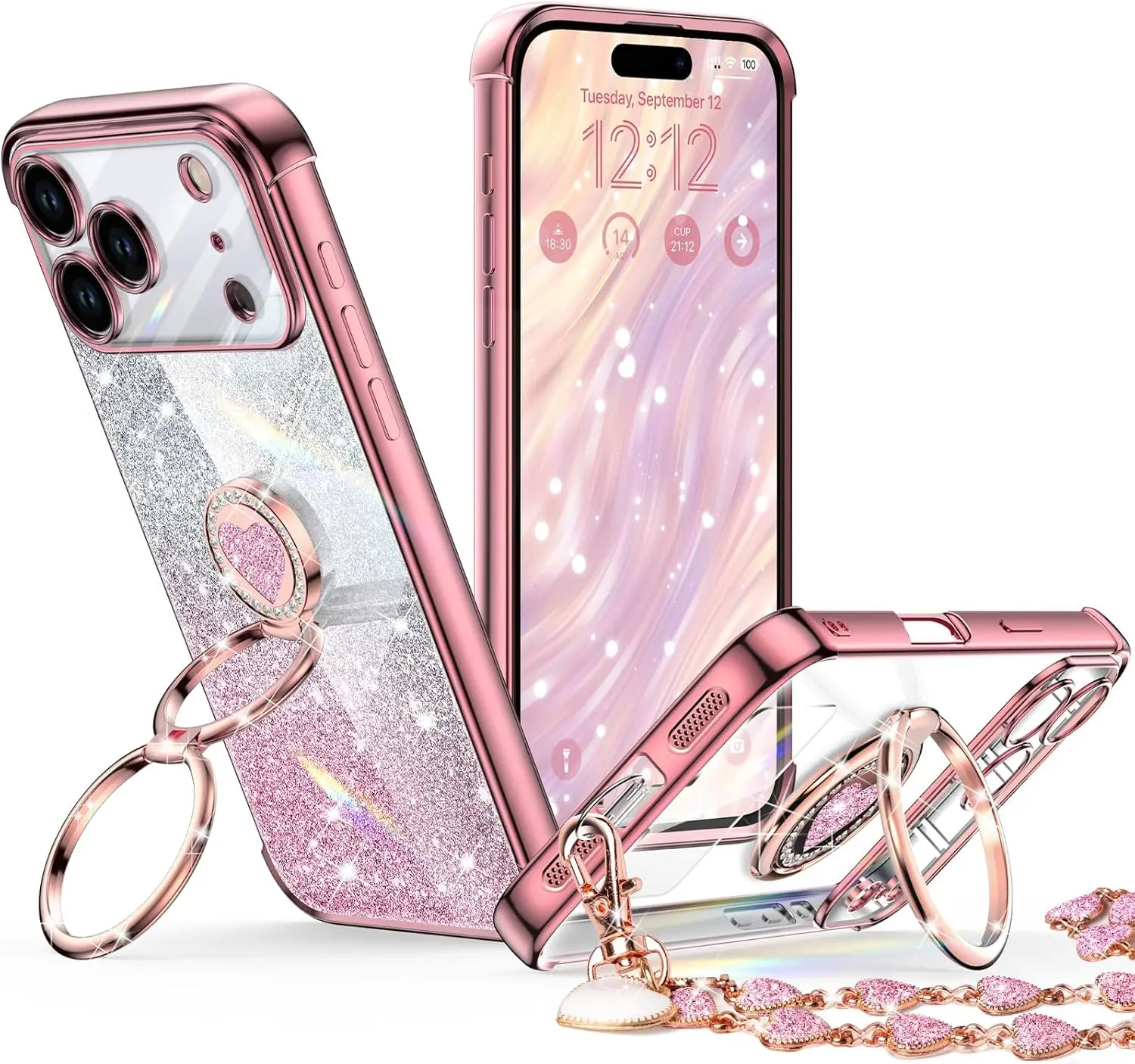 XYZ Luxurious Sparkling Heart-Shaped Protective Case - Adjustable Double-Ring Stand, Advanced Camera Protection, Apple/Samsung Compatible, Women’s Accessory for Anniversary & Landscape Use