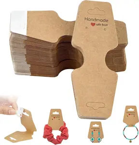 200 Pcs Bracelet Necklace Display Cards, Self Adhesive Jewelry Packaging, Sturdy Hanging Displays for Vendors Selling Chokers, Earrings Hair Accessories, Small Business Holder, 4.75X1.75 Inch (Brown) Hoiny