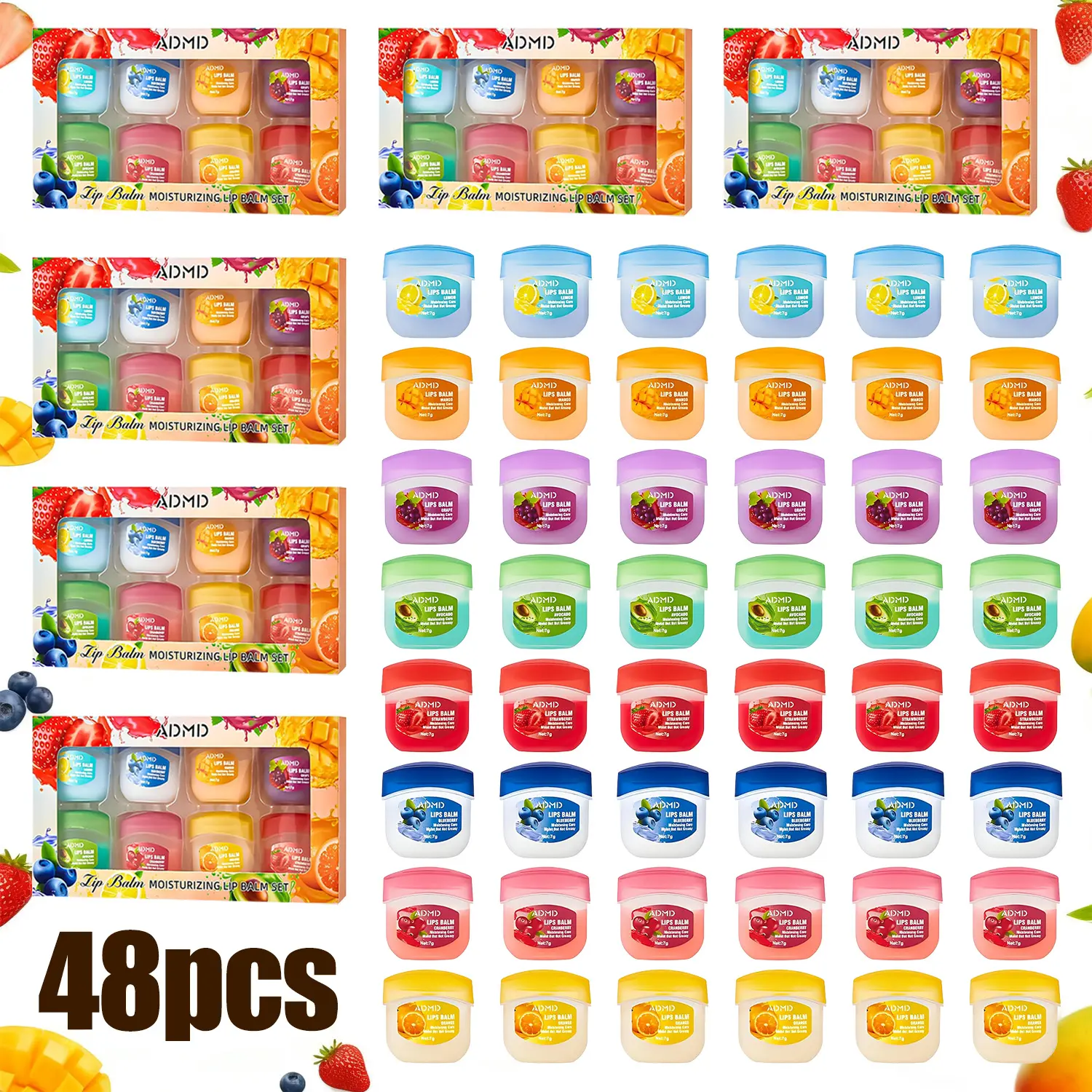 48-tube fruit lip balm sets, multi-color lip gloss, silky texture suitable for all skin tones. Multiple tones and various colors for Valentine's Day and New Year gifts. Long-lasting moisturizing lip balm, cute, perfect for gifting