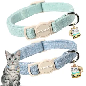 DOGWONG 2 Pack White Hemp Cat Collar , Breakaway with Bell Safety Buckle, Adjustable 7-12 Inch for Girl Boy Cats and Small Dogs, Pet Supplies Accessories