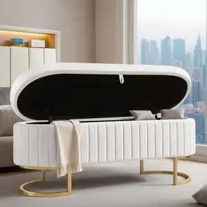 Velvet Storage Bench, Oval Upholstered End of Bed Bench with Golden Metal Legs, 50" Modern Ottoman Bench for Bedroom, Living Room,Entryway,Window (Beige)