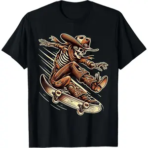 Casual Cotton shortsleeve tees  Rustic Skeleton Cowboy Skater Western Goth Grunge Gothic T-Shirt