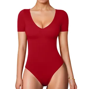 OYV Women's Short Sleeve V-Neck Fitted Bodysuit, Fall Going Out Top