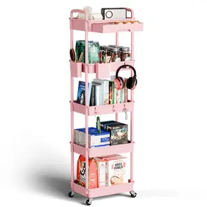 5 Tier Rolling Cart Organizer,Bathroom Cart Organizers with Wheels Laundry Room Organization Mobile Shelving Unit Utility Cart Storage Shelves Multi-Functional for Office, Home(Pink)