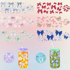 3 Sheets （bowknot） UV DTF Cup Wraps - Bundle 3 Sets （bowknot）Decals for 16oz Glass Cups | Includes Lid Stickers (Top/Bottom), 12.32x4.33 Inch DIY Transfer Stickers, Holiday Gift Decor for Coffee Mugs & Tumblers, Sticker Packs