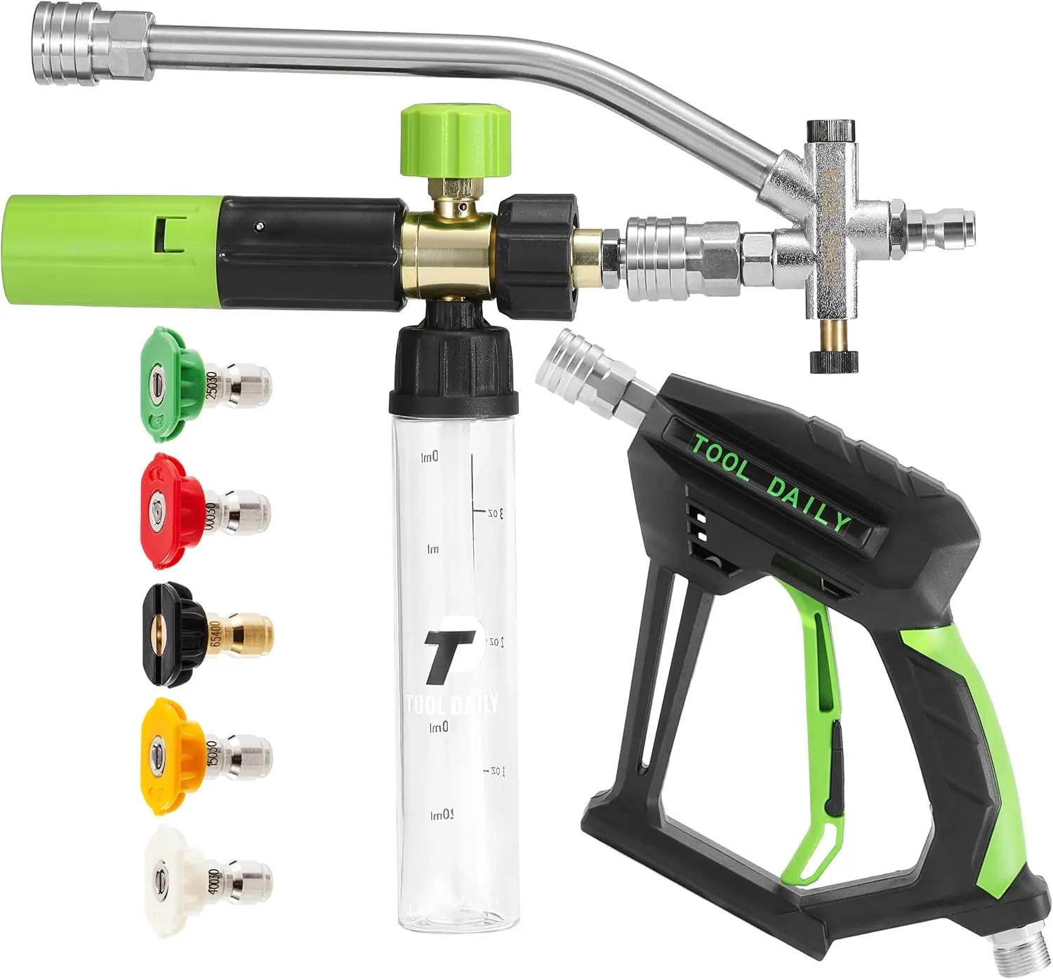 Tool Daily Short Pressure Washer Spray Lance with Mini Foam Sprayer, Dual Connector Adapter, 5 Car Wash Nozzle Tips, 1/4 Inch Quick Connect – Powerful Water Flow, Cleaner Attachment for Pressure Washers, Powerful Water Flow Pressure Washers, Adapter Press