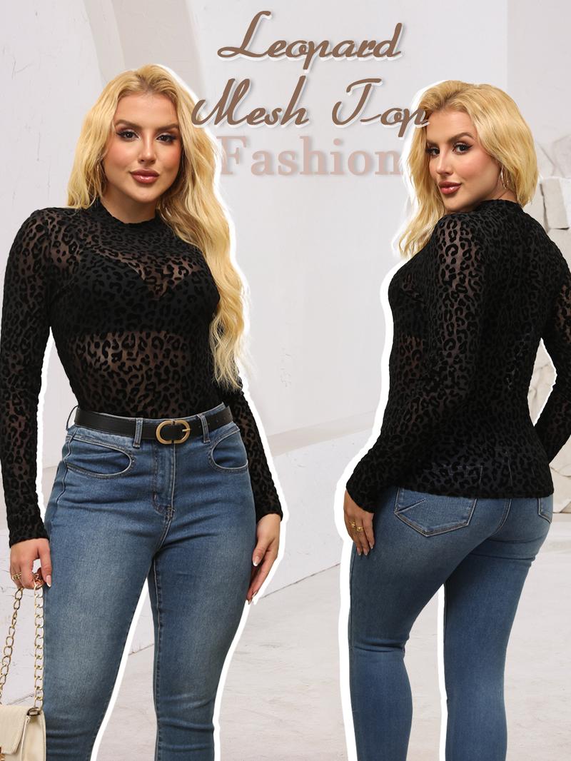 ChicovarFashion 女士豹纹高领网纱上衣,尺码 S-3XL,性感透视T恤,不扎皮肤蕾丝衬衫,优雅长袖衬衫,四季皆宜,适合夜间外出、度假、派对、音乐会等场合 ChicovarFashion 女士豹纹高领网纱上衣,尺码 S-3XL,性感透视T恤,不扎皮肤蕾丝衬衫,优雅长袖衬衫,四季皆宜,适合夜间外出、度假、派对、音乐会等场合