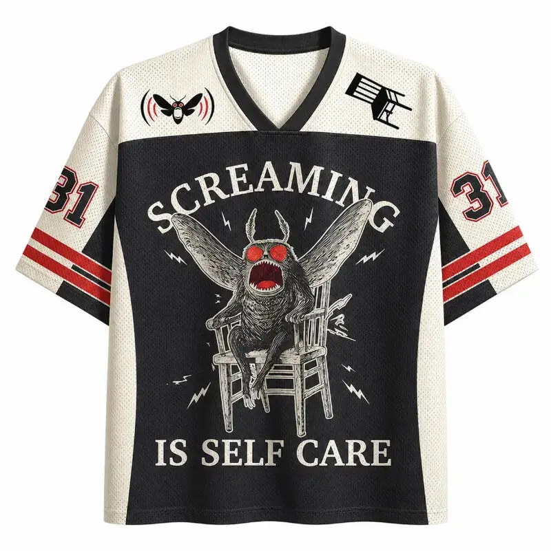 Screaming Mothman Football Jersey, Funny Cryptid Horror Mesh Shirt, Vintage Gothic Monster Sportswear, Halloween Streetwear Gift for Cryptid Fans