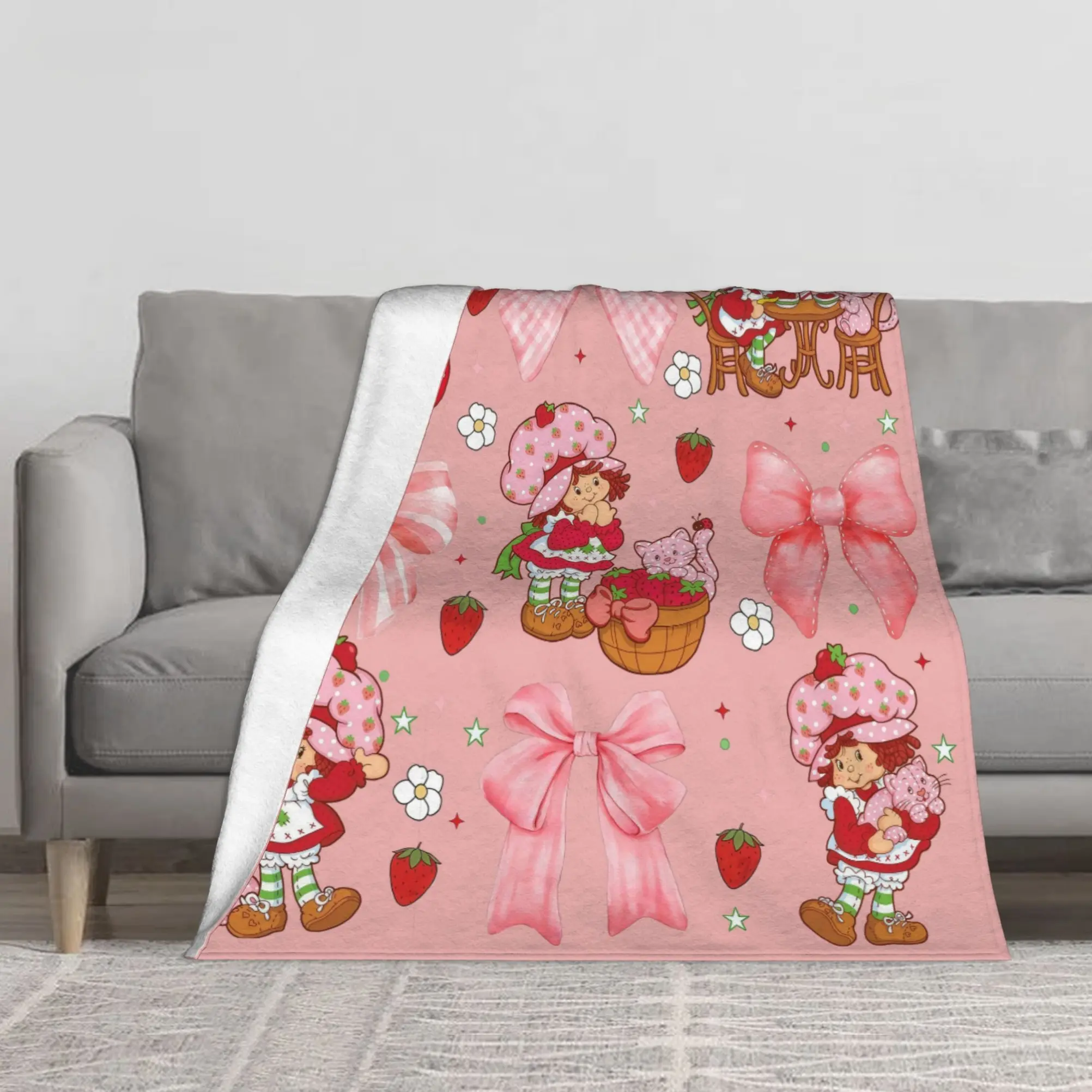 Vintage Strawberry Girl Flannel Throw Blanket - Funny, Soft, Lightweight Kawaii Pink Fruit Blanket for Girls, Cozy Bedding Decor for Bed/Sofa, Sweet Gift for Family Friends