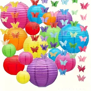17PCS Color Paper Lantern Set, 3D Color Butterfly Paper Latte Flower, Rainbow Color Chinese Paper Lantern Ceiling Party Decoration Belt, Birthday Wedding Anniversary